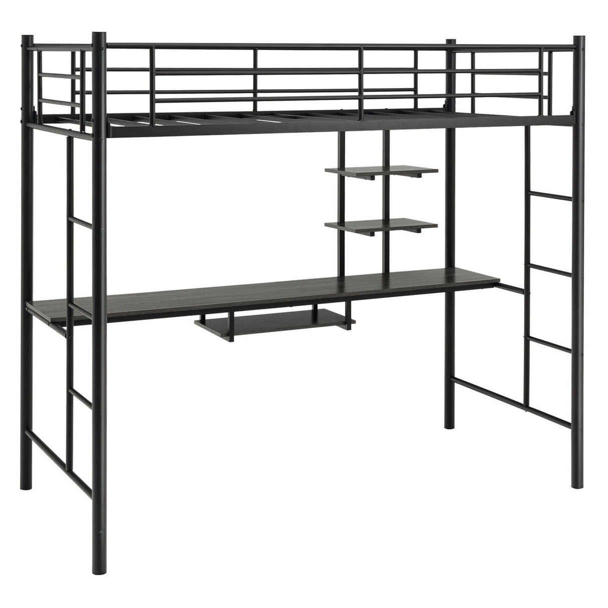 Litera alta individual con escritorio, estante de almacenamiento y escaleras de cuerpo entero-Negro