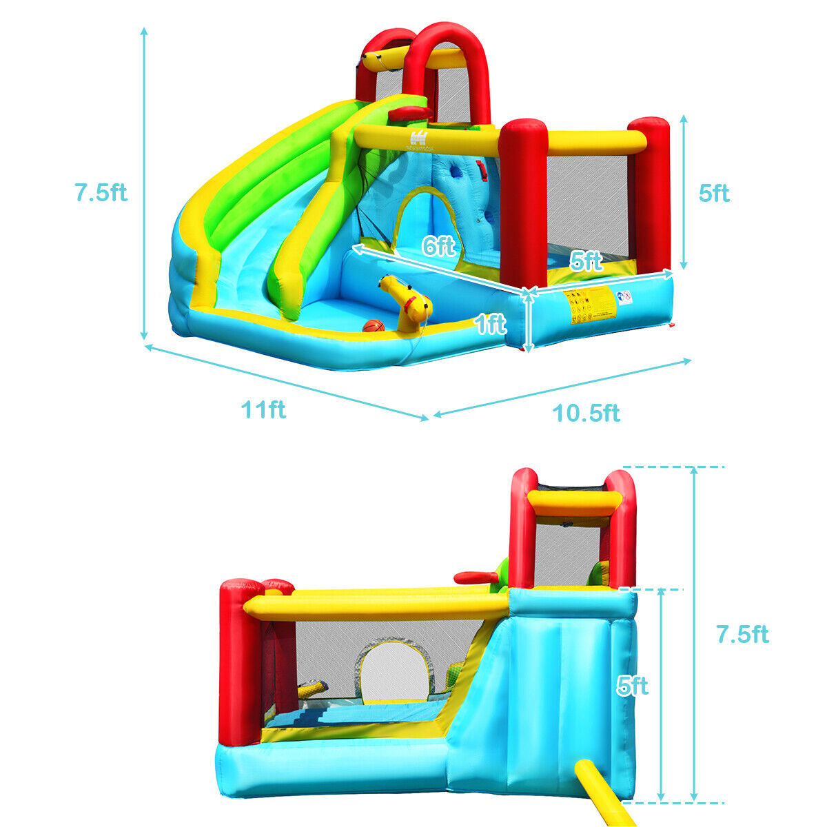 Castillo inflable 6 en 1 con muro de escalada y canasta de baloncesto sin soplador