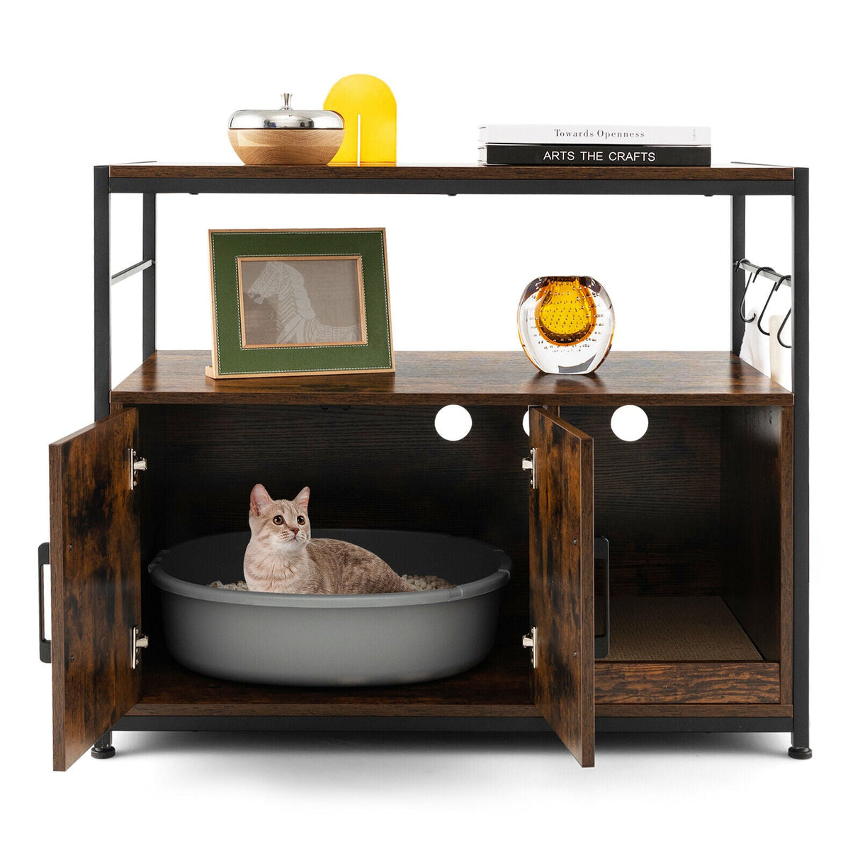 Wooden Cat Box Cabinet with with Metal Frame and Scratching Pad-Rustic Brown
