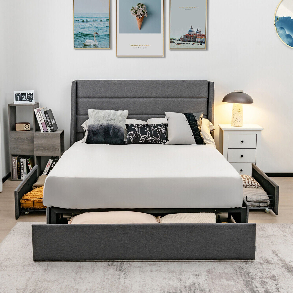 Base de cama tapizada con plataforma y 3 cajones de almacenamiento