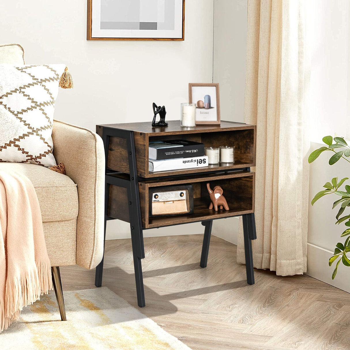 1 Piece Stackable Night Stand Shelf Accent Table with Metal Frame