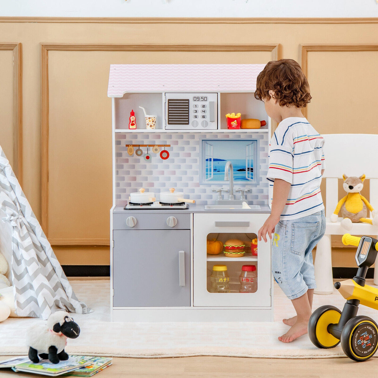 Cocina de juguete y casa de muñecas 2 en 1 de doble cara para niños con muebles