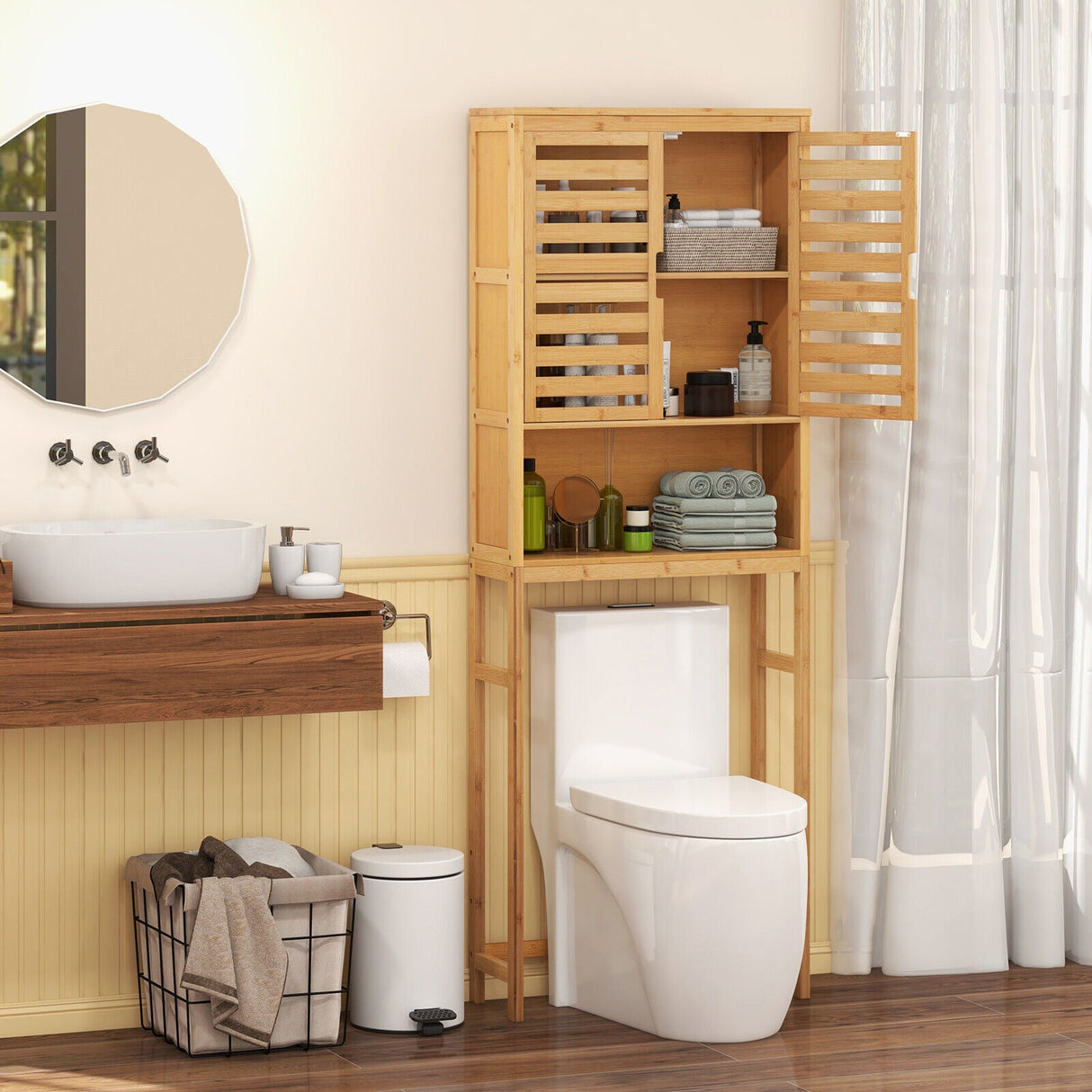 Armario de almacenamiento de bambú sobre el inodoro para baño con estante ajustable - Natural