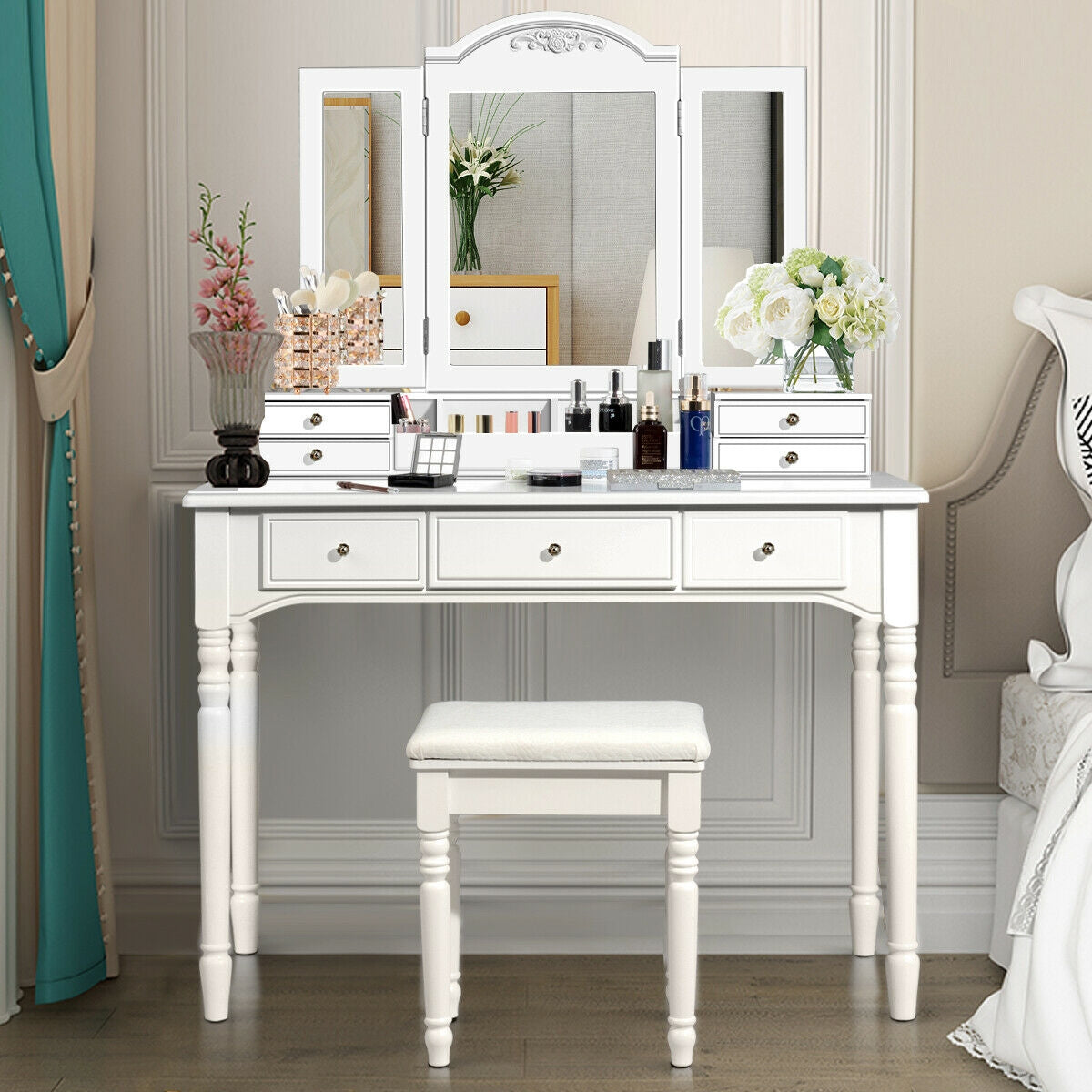 Tocador de Maquillaje con Espejo Triple y Taburete Acolchado para Mujeres