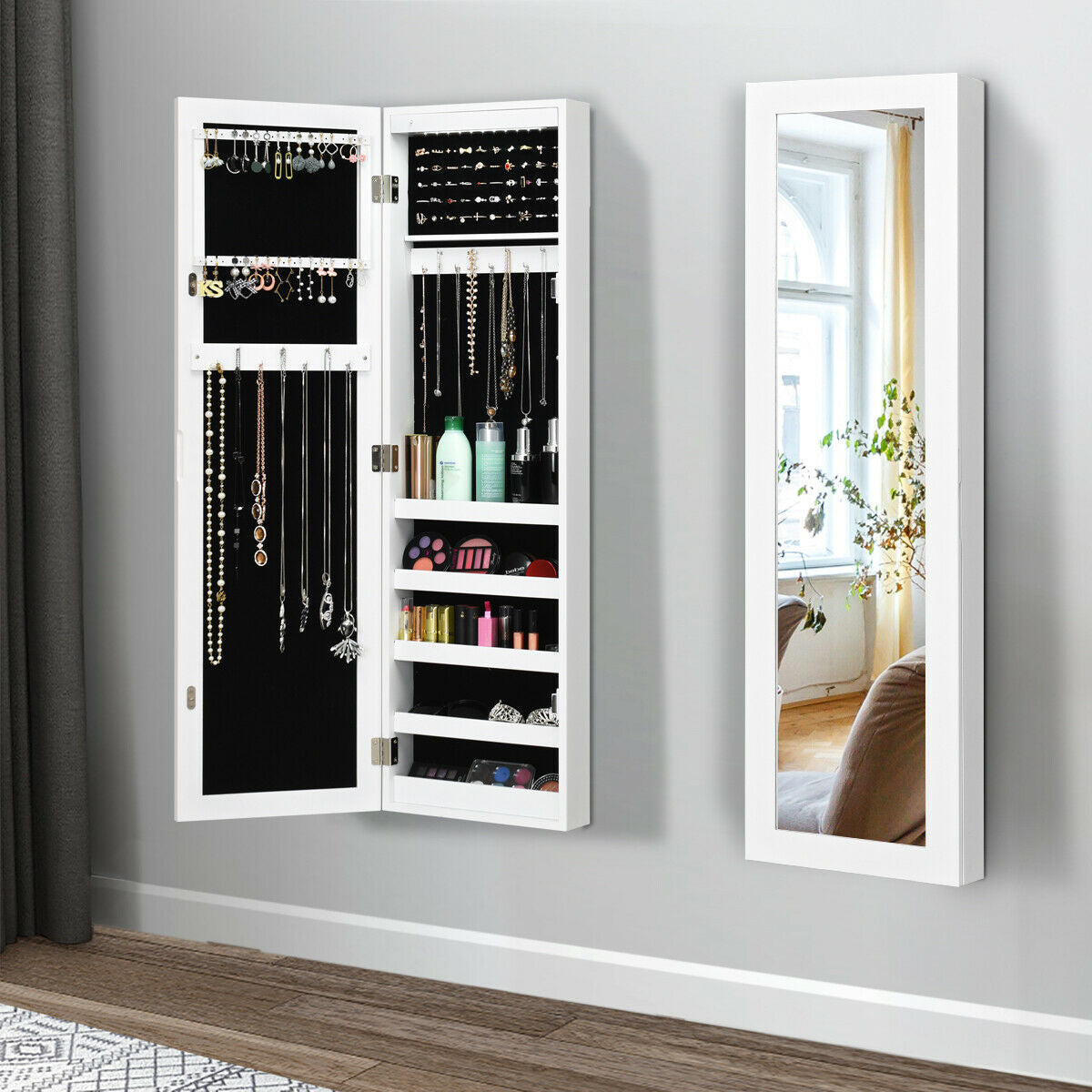 Gabinete de joyería espejado para pared y puerta con luz LED