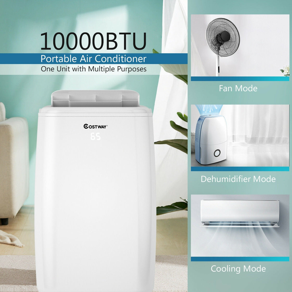 Aire acondicionado portátil de 10000 BTU (Ashrae) con 3 modos y control remoto