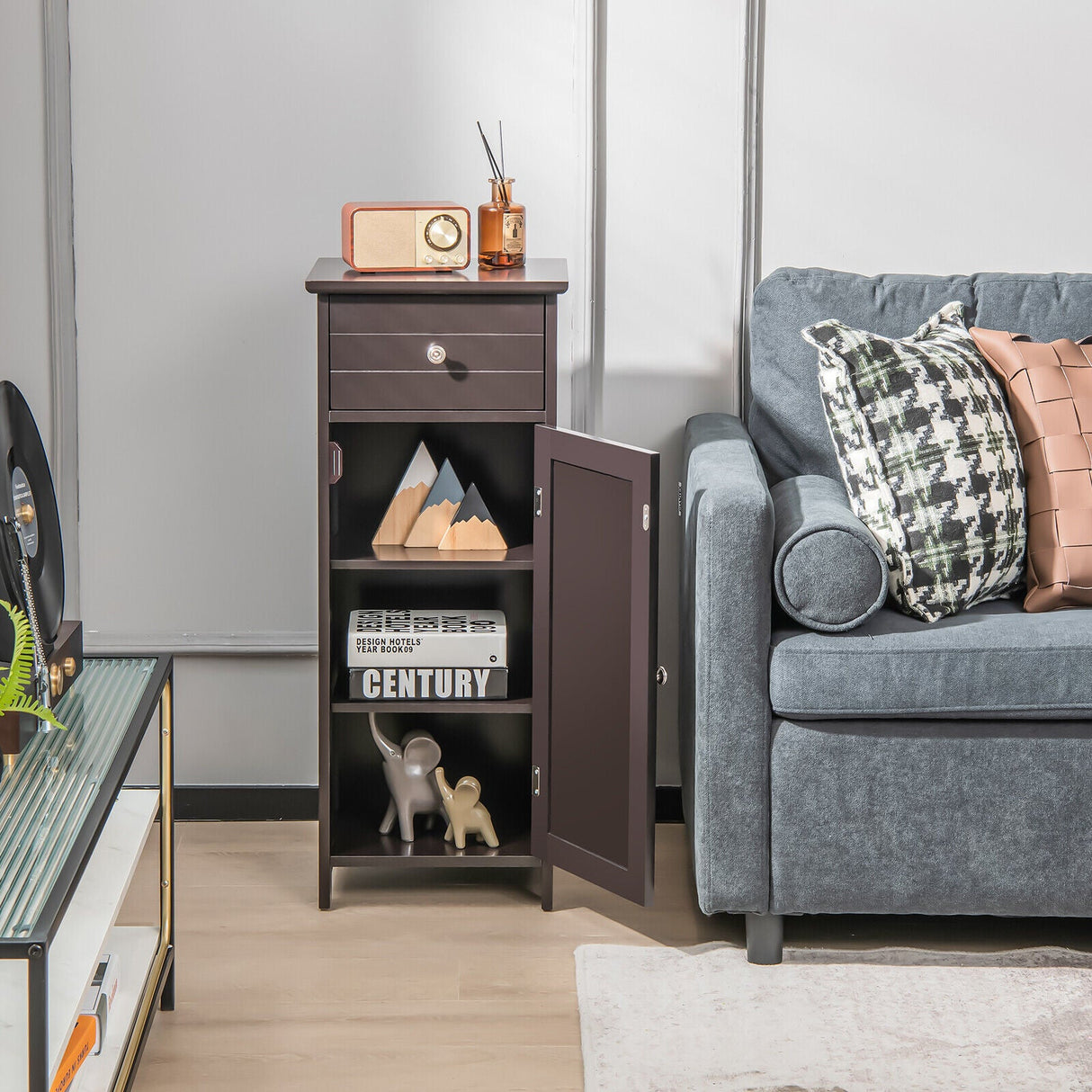 Mueble de almacenamiento de madera para baño con cajón y estante