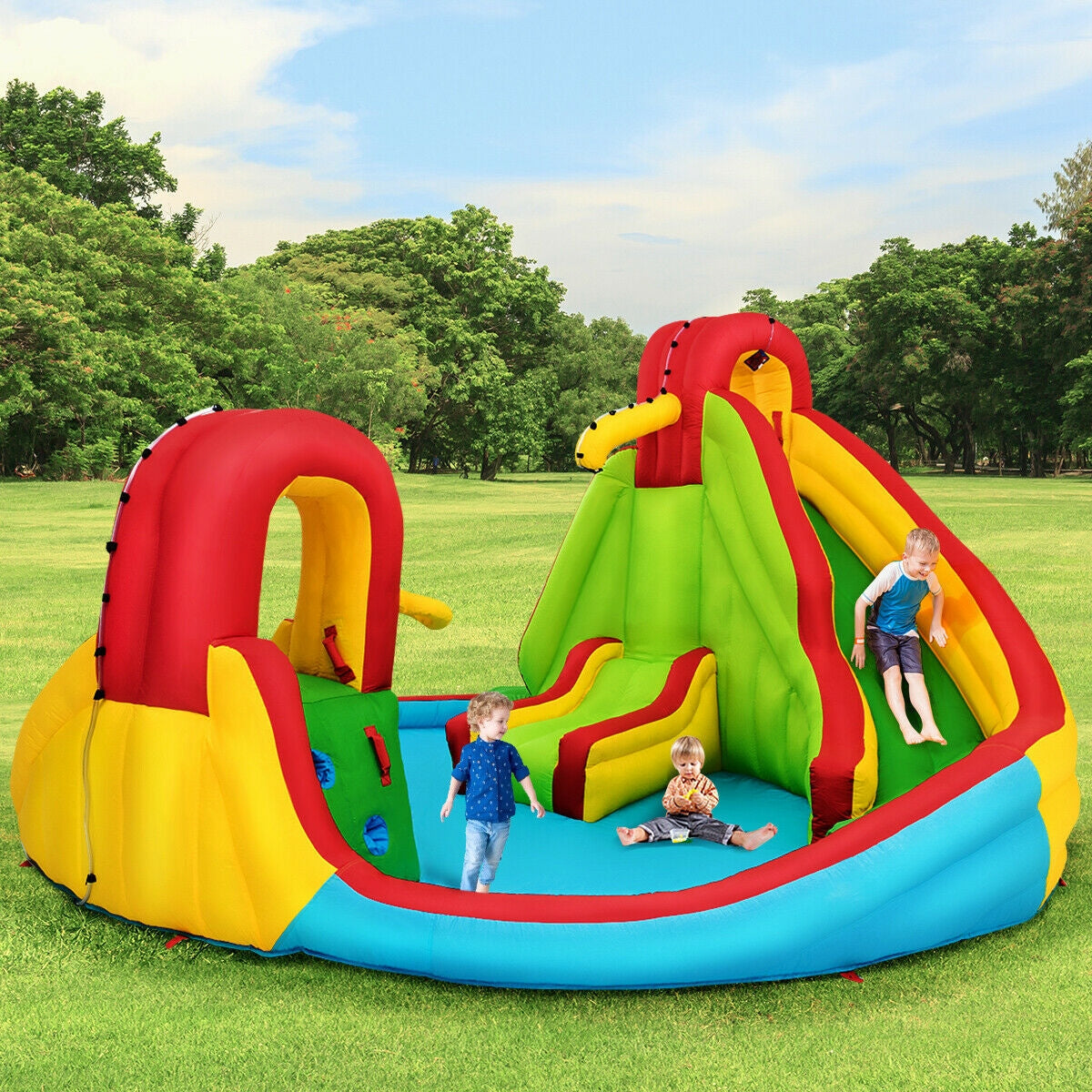 Castillo Hinchable Acuático para Niños con Tobogán, Muro de Escalada y Piscina, sin Soplador