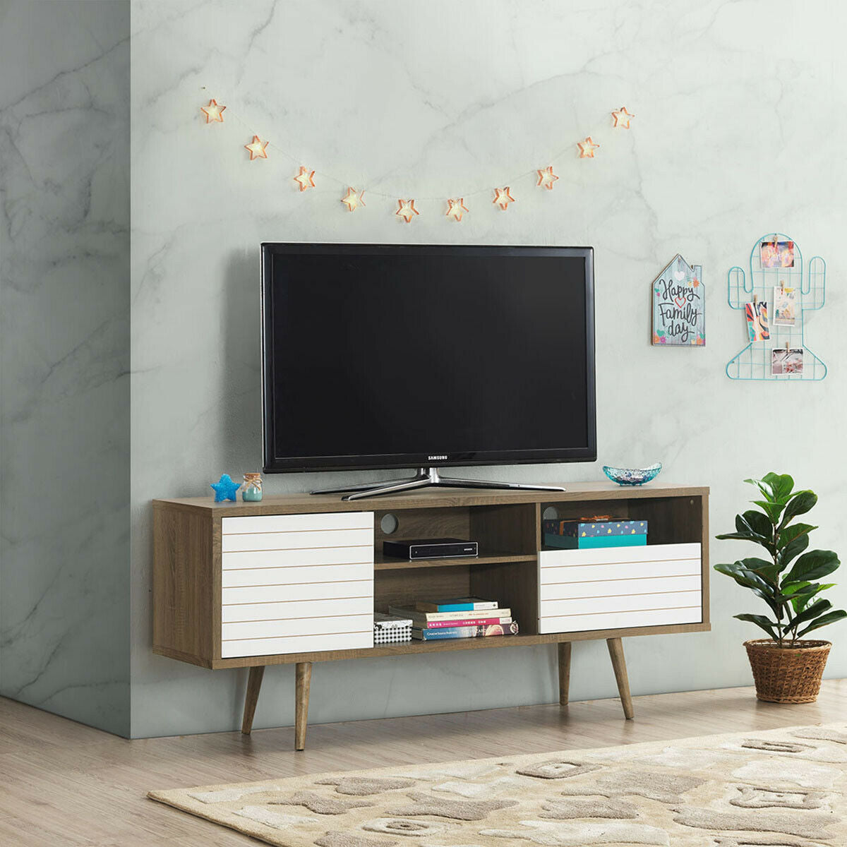 Mueble de TV moderno de mediados de siglo para televisores de hasta 65 pulgadas con estantes de almacenamiento