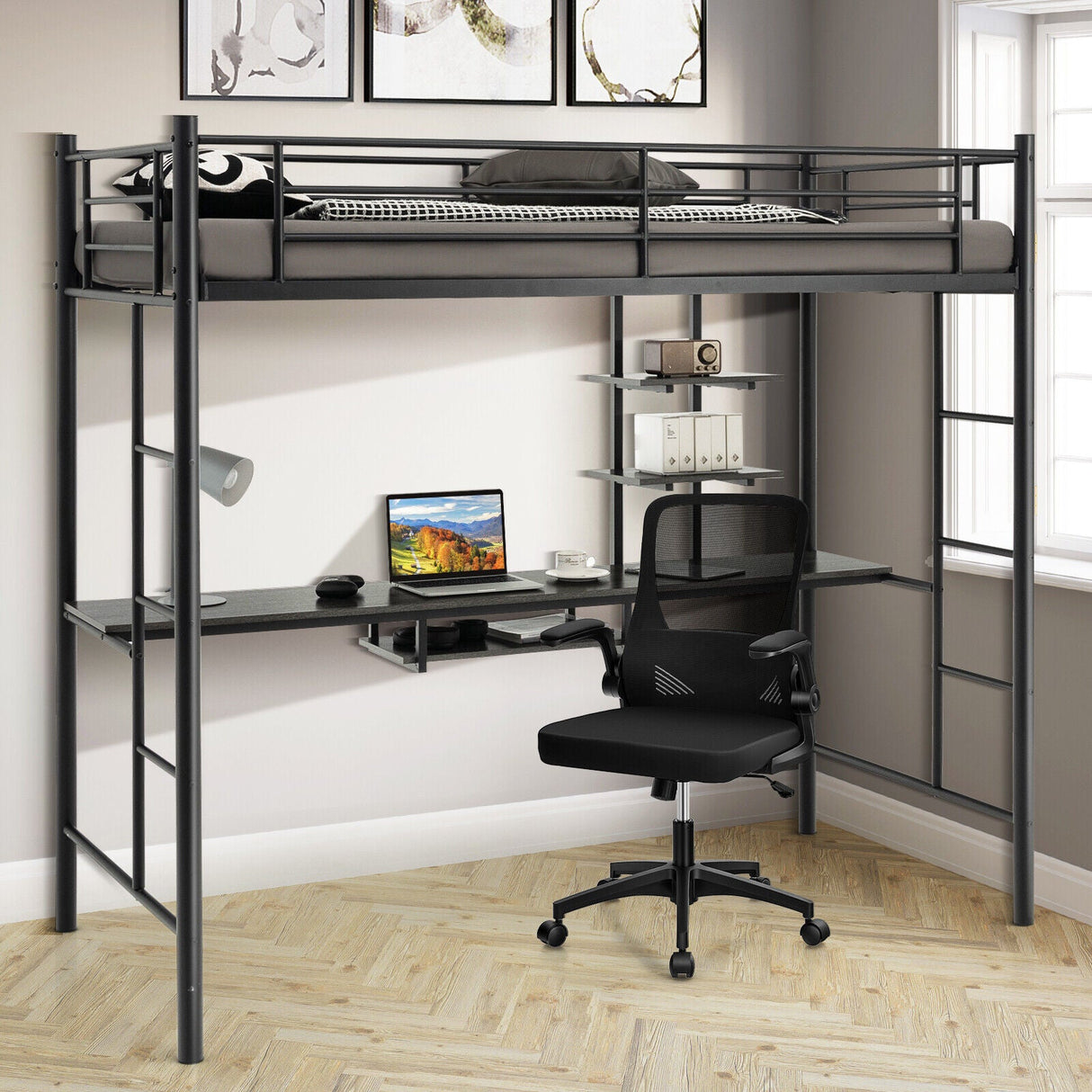 Litera alta individual con escritorio, estante de almacenamiento y escaleras de cuerpo entero-Negro