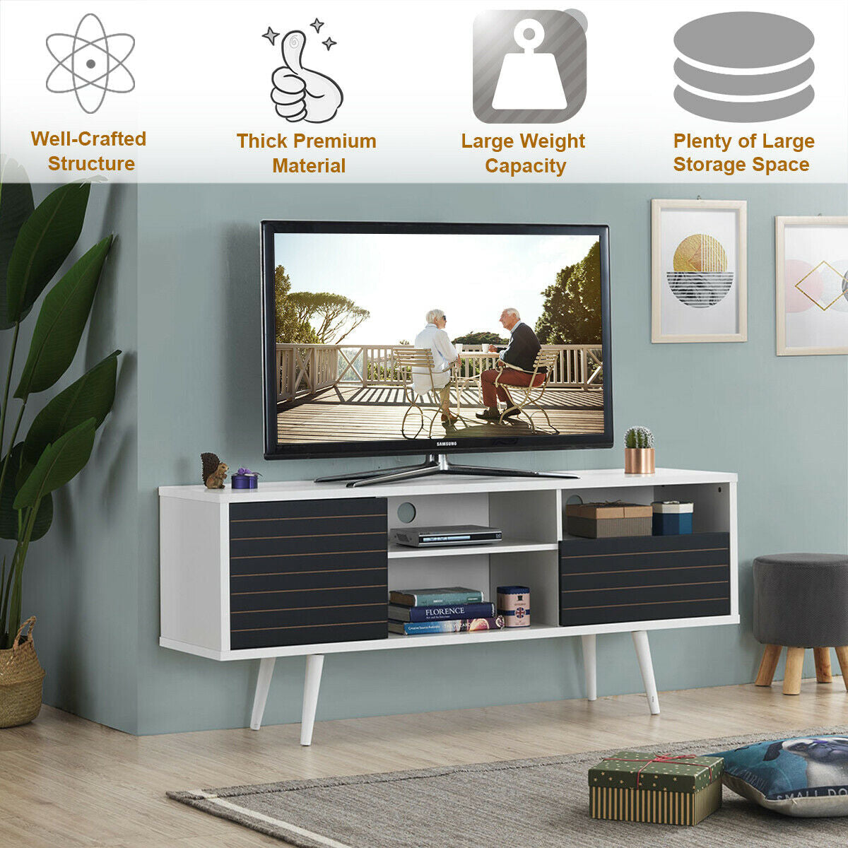 Mueble de TV moderno de mediados de siglo para televisores de hasta 65 pulgadas con estantes de almacenamiento