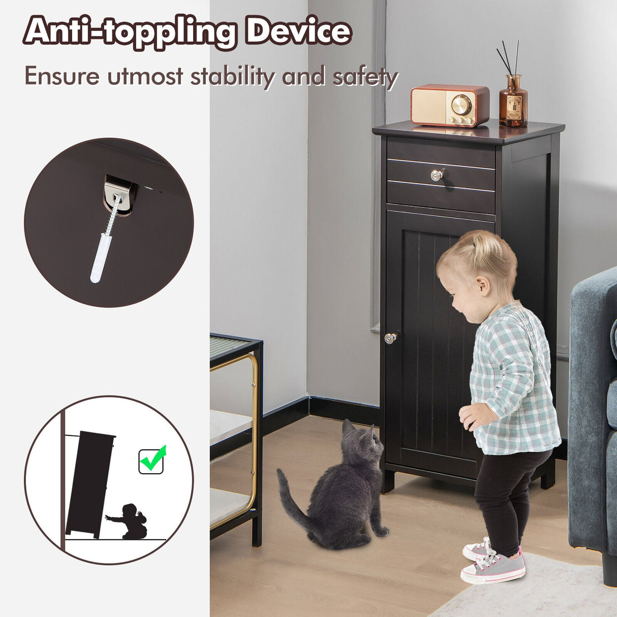 Mueble de almacenamiento de madera para baño con cajón y estante