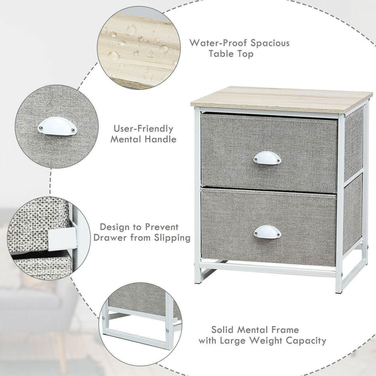 Mesa de Noche Mesita Lateral de Metal con 2 Cajones-Gris