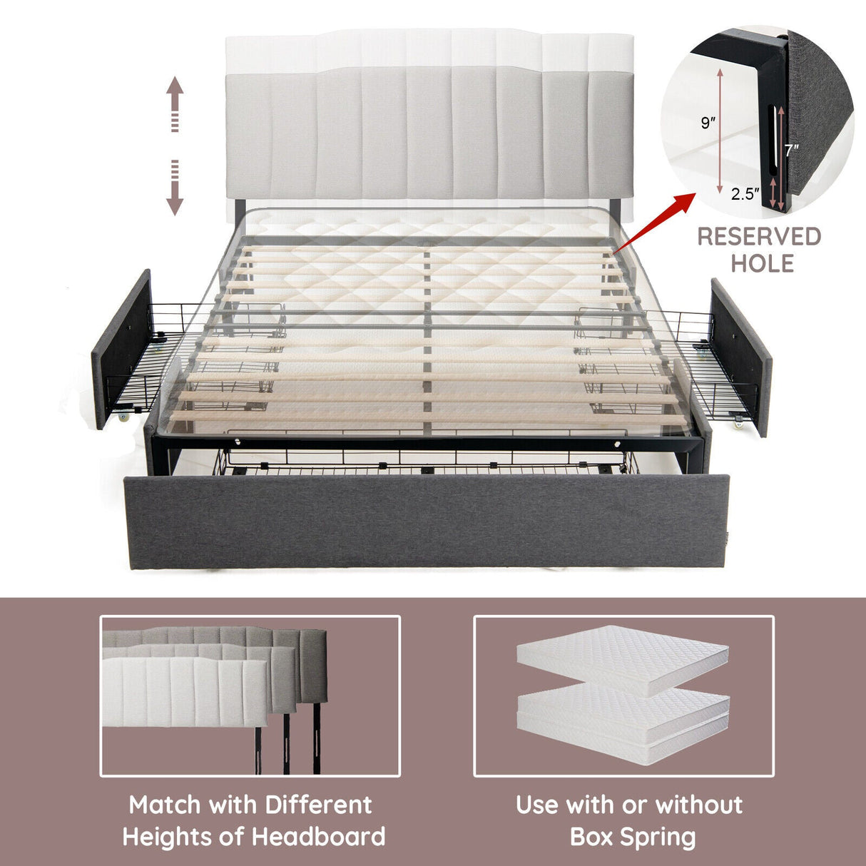 Base de cama tapizada con plataforma y 3 cajones de almacenamiento