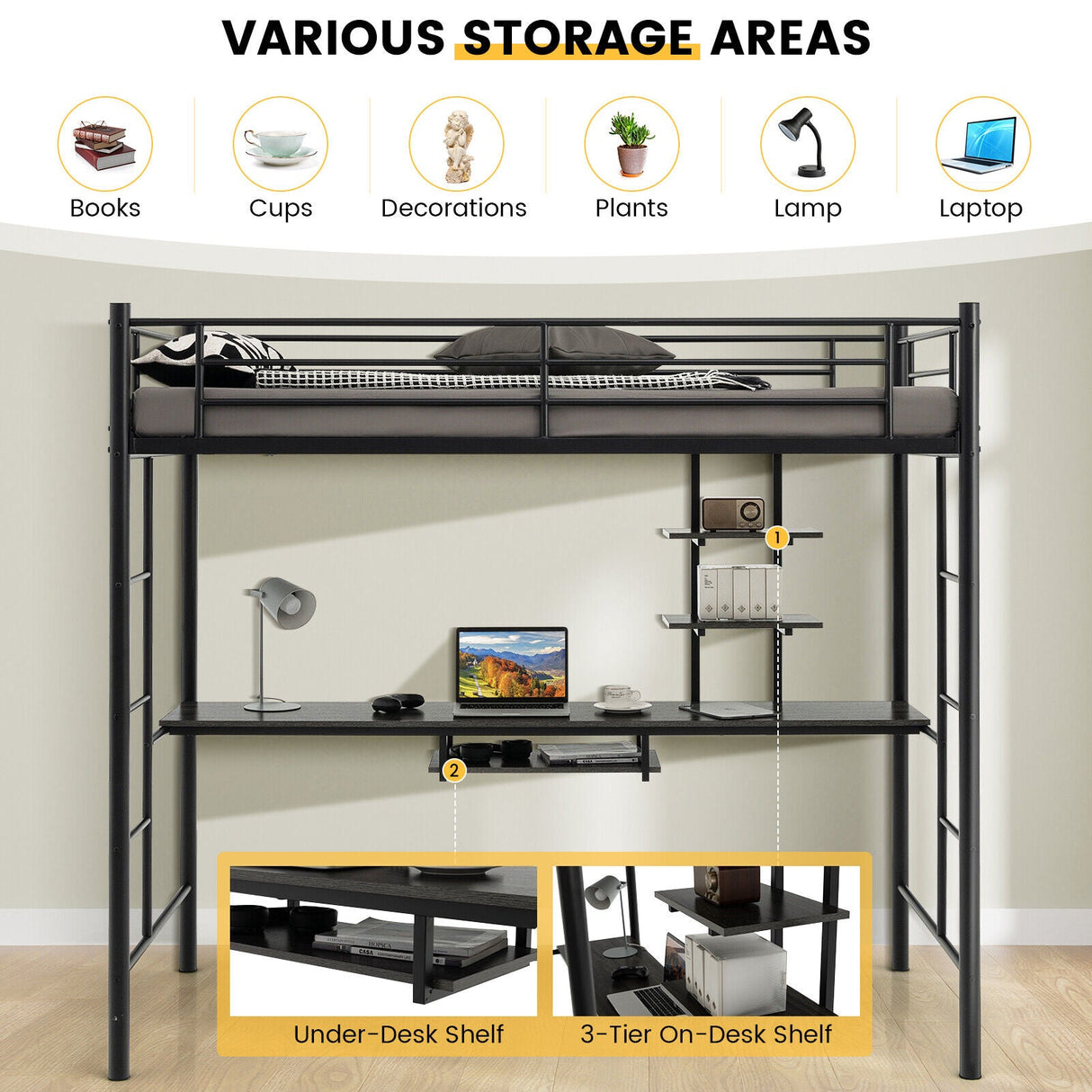 Litera alta individual con escritorio, estante de almacenamiento y escaleras de cuerpo entero-Negro