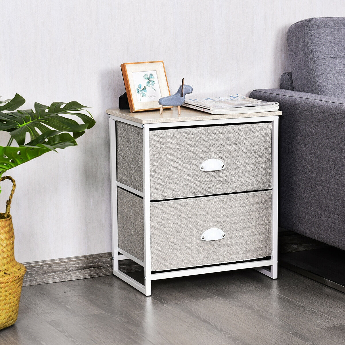 Mesa de Noche Mesita Lateral de Metal con 2 Cajones-Gris