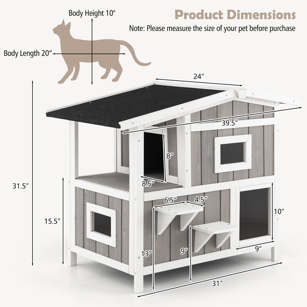 Casa exterior de madera para gatos ferales de 2 pisos con puerta de escape - Gris