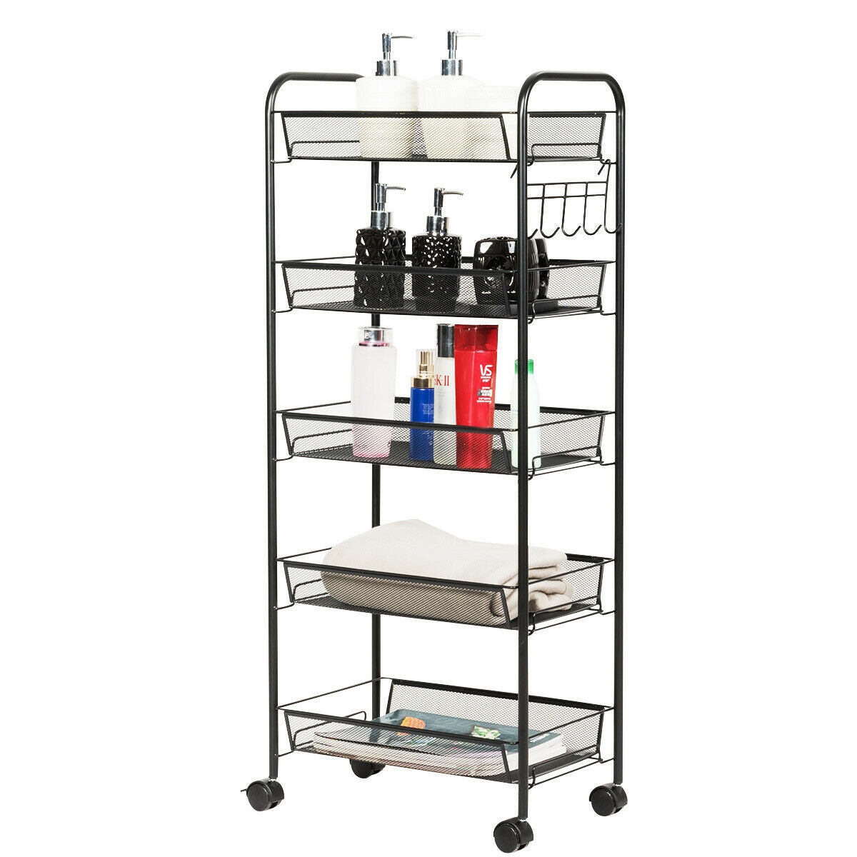 Carrito utilitario de archivo rodante de malla de 5 niveles con cesta de almacenamiento - Negro
