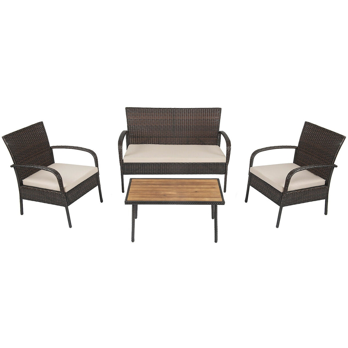Juego de conversación de mimbre acolchado de 4 piezas para patio con tablero de mesa de madera de acacia