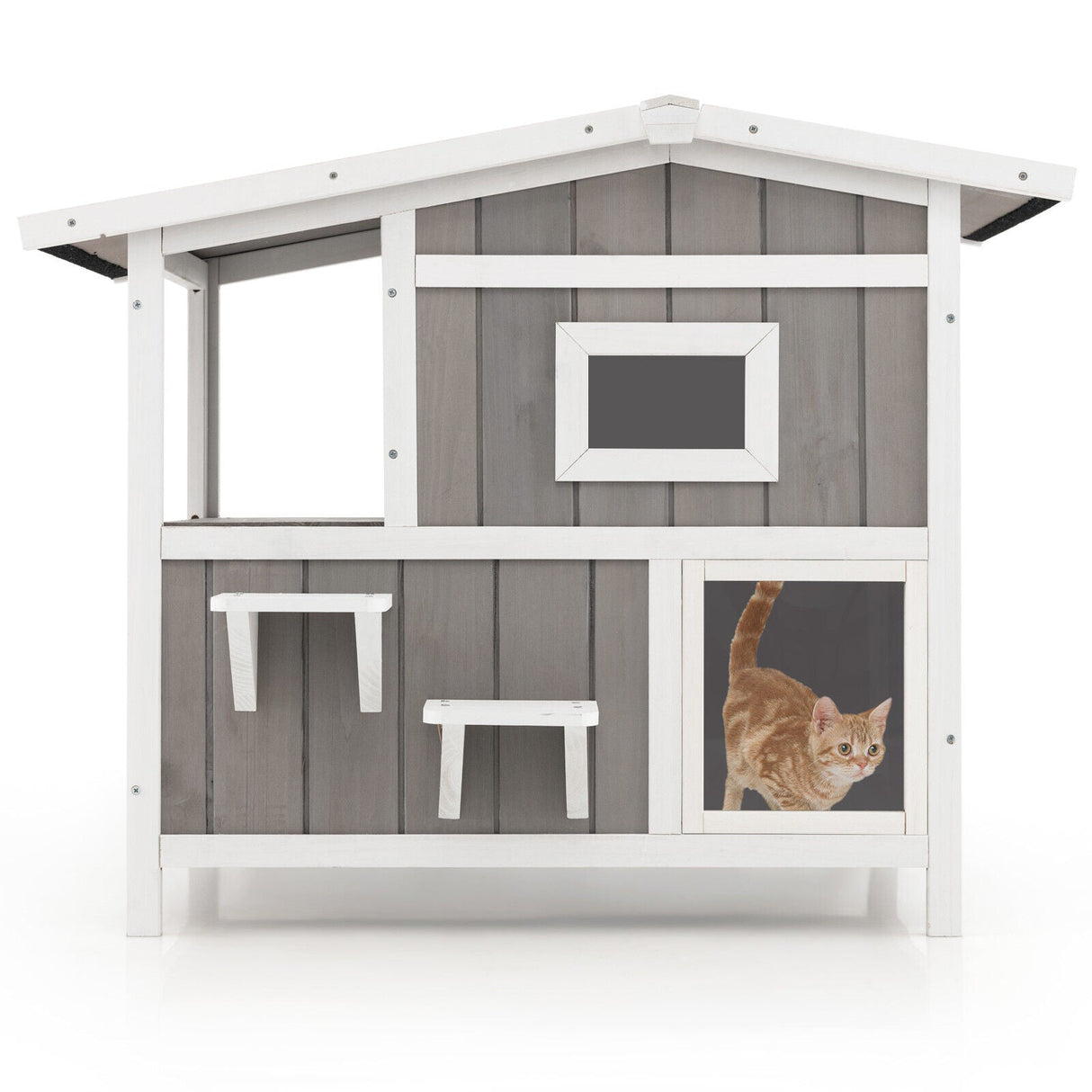 Casa exterior de madera para gatos ferales de 2 pisos con puerta de escape - Gris