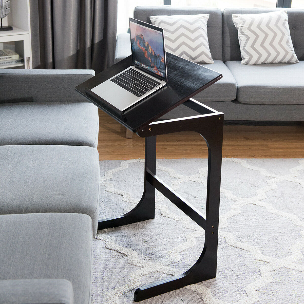 Mesa auxiliar de sofá con forma de C ajustable con superficie reclinable - Marrón