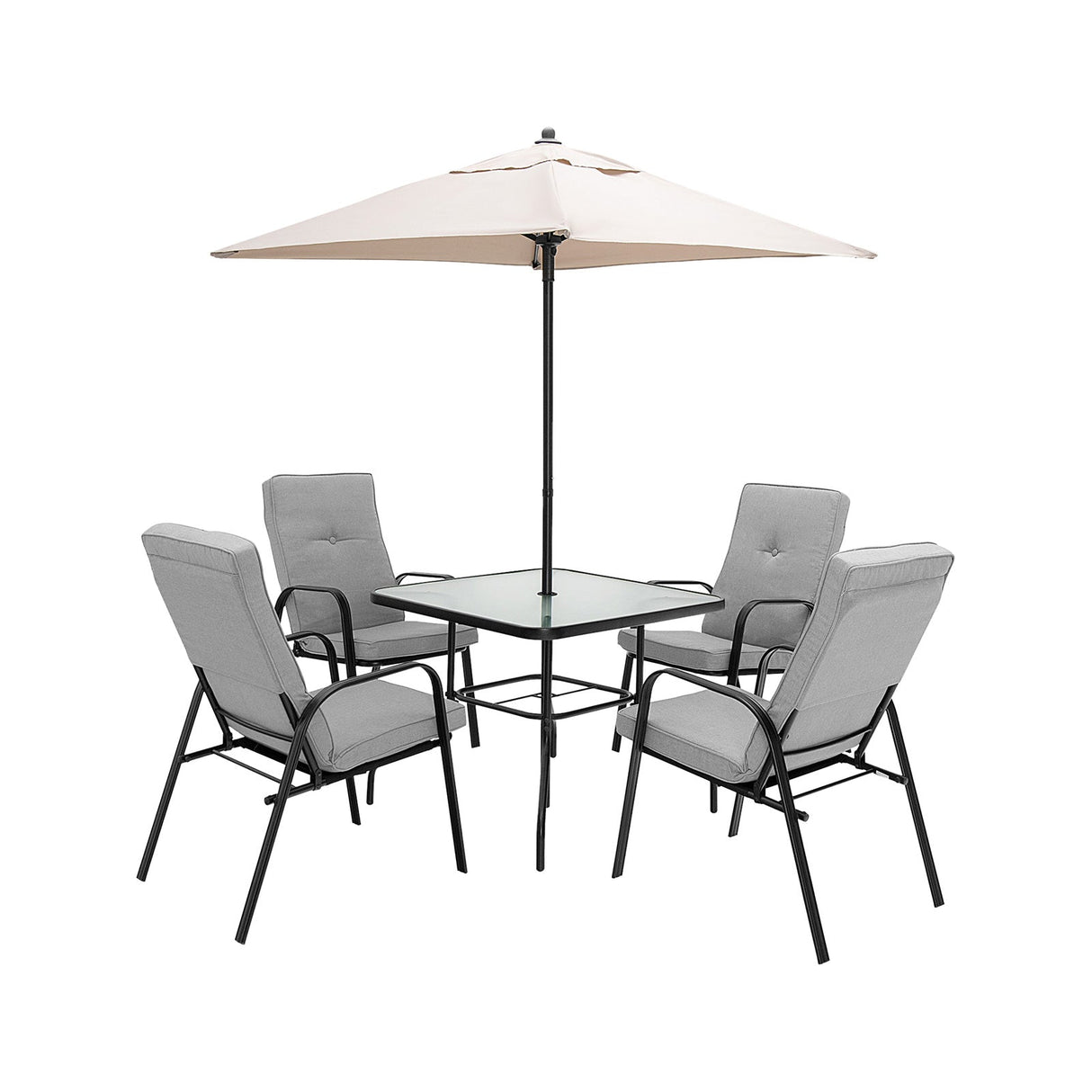 Juego de comedor de patio de 6 piezas con sombrilla y sillas apilables con cojines