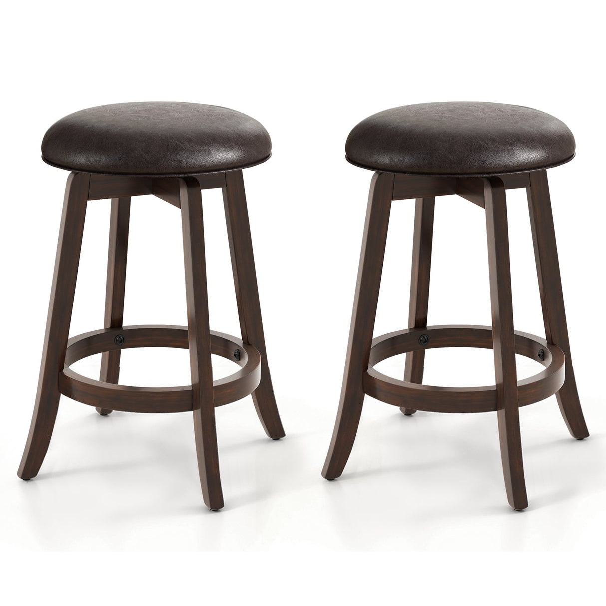 Juego de 2 taburetes de bar tapizados de cuero PU de 24/29 pulgadas con asiento redondo giratorio 360°