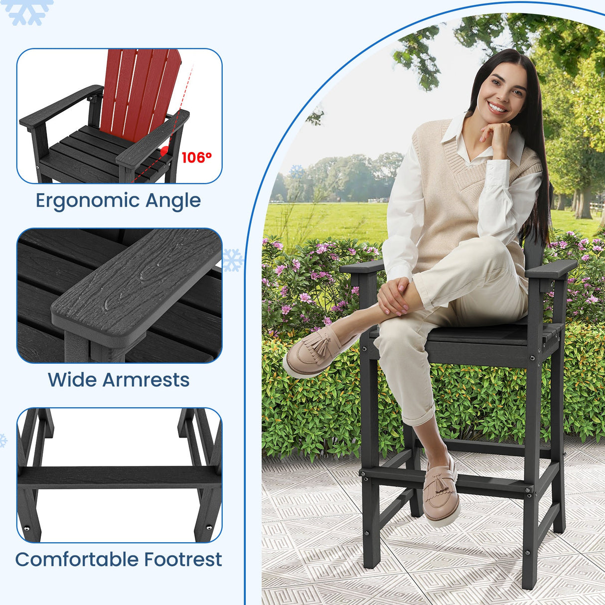 Juego de 2 taburetes de bar de HDPE para exterior, altura de encimera, con reposabrazos y reposapiés