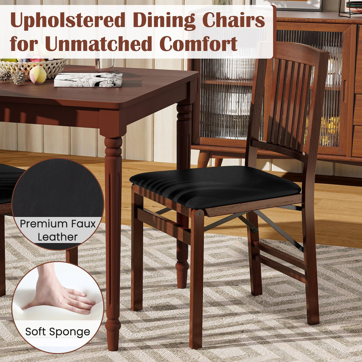 Juego de 2 sillas de cocina plegables tapizadas con asiento acolchado - Marrón