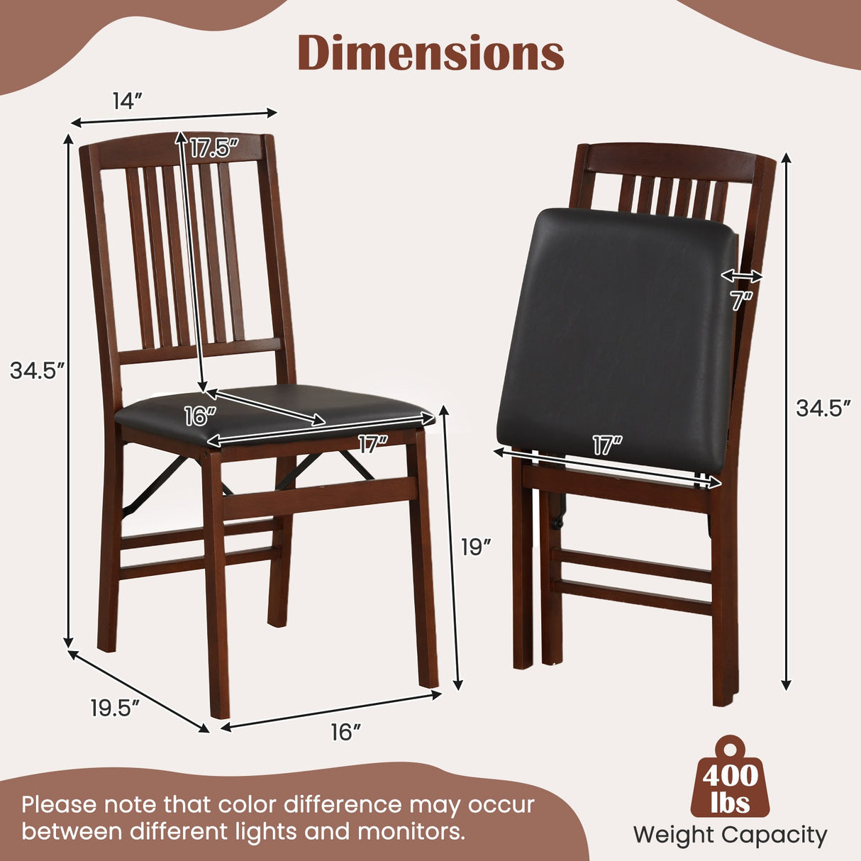 Juego de 2 sillas de cocina plegables tapizadas con asiento acolchado - Marrón