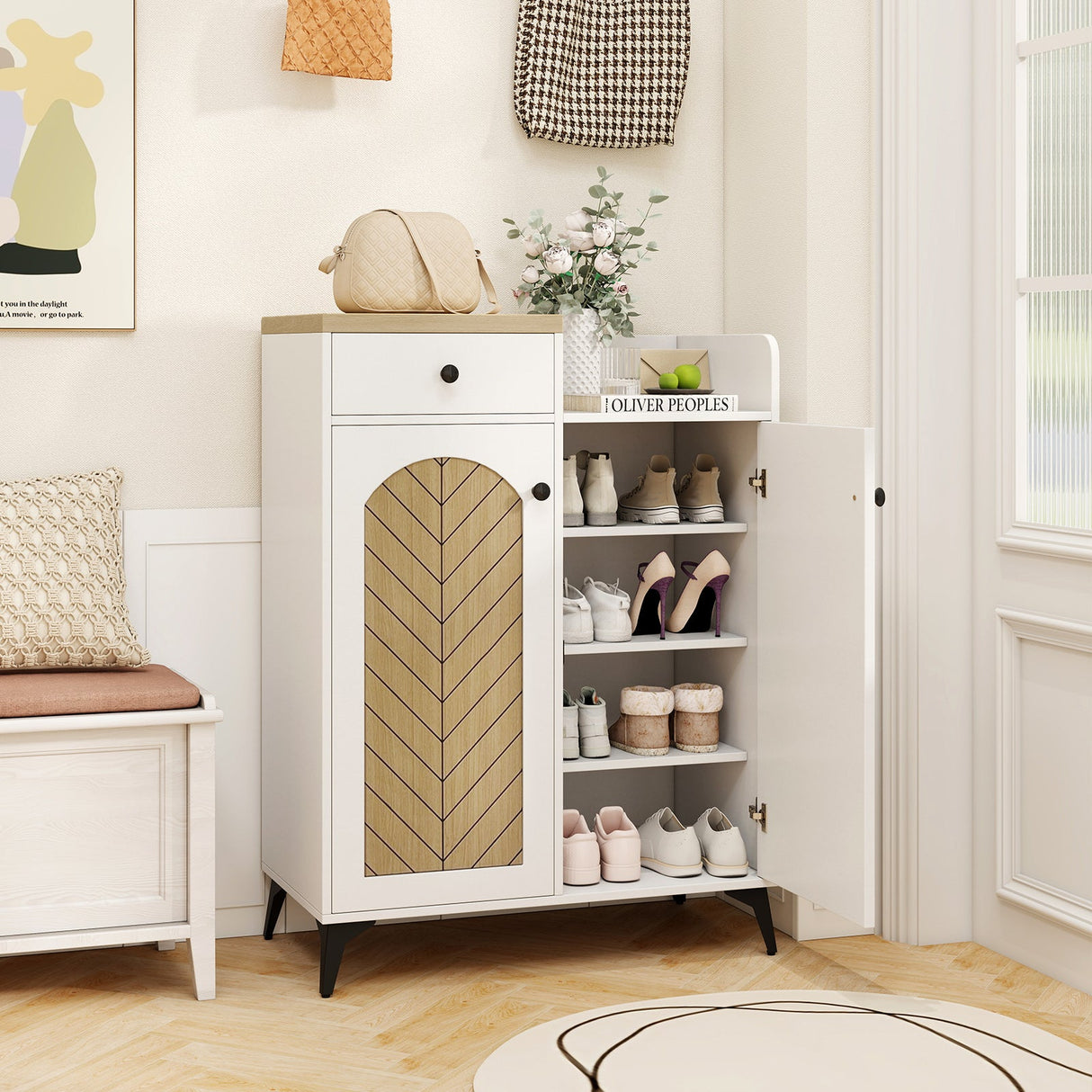 Zapatero organizador de 2 puertas con cajón y 6 estantes extraíbles - Blanco