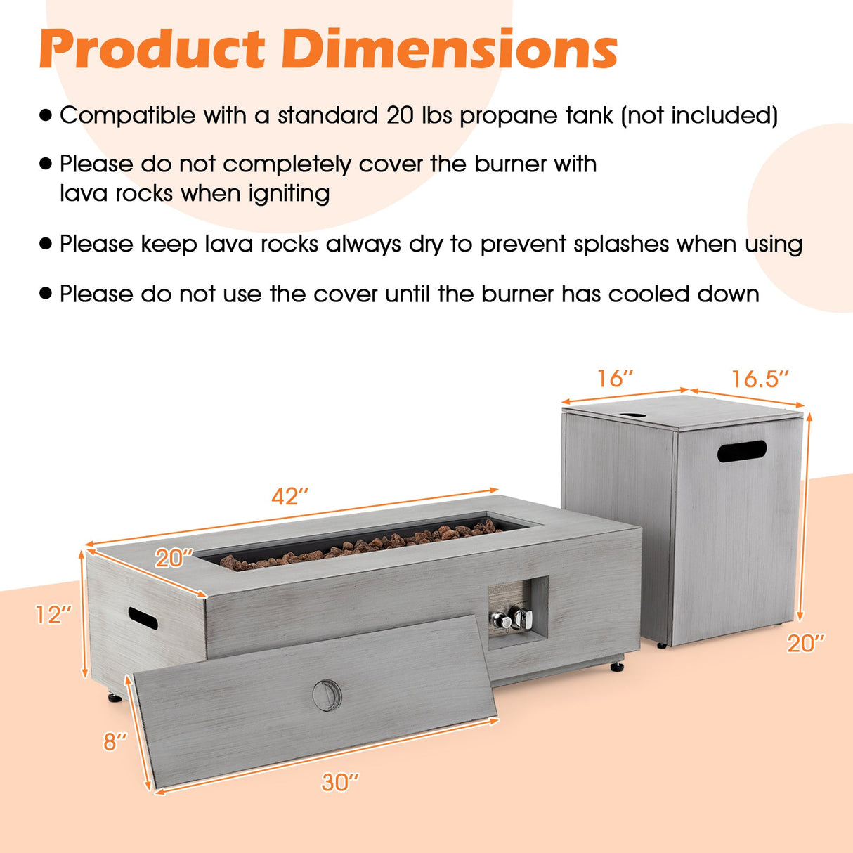 Mesa de fuego rectangular para exteriores de 42 pulgadas y 50 000 BTU con soporte para tanque