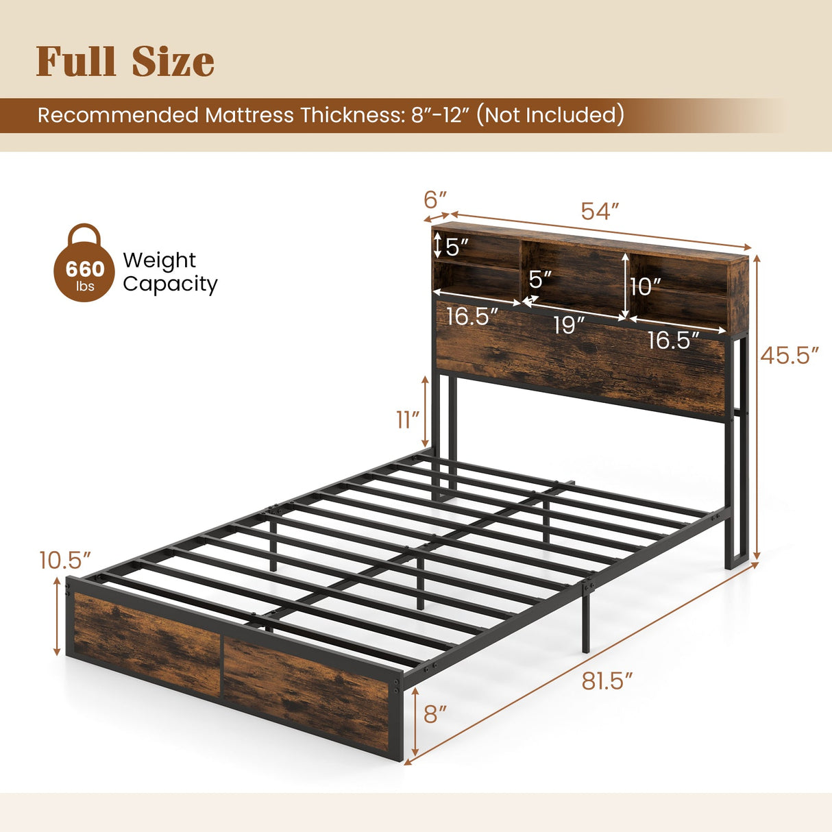 Estructura de cama Twin/Full/Queen/King Size con cabecera de almacenamiento, plataforma de metal industrial
