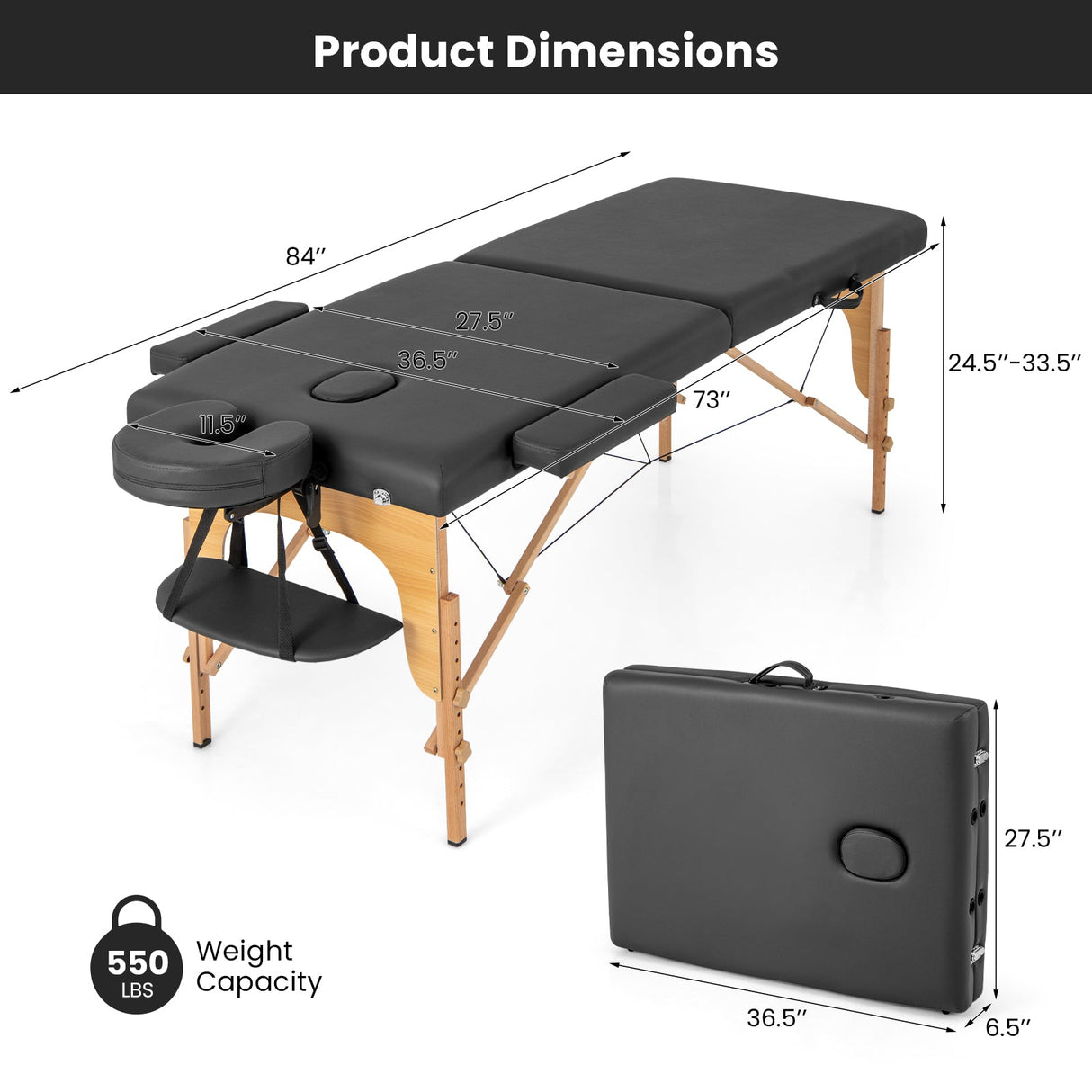 Mesa de masaje plegable de 84 pulgadas con bolsa de transporte y altura ajustable