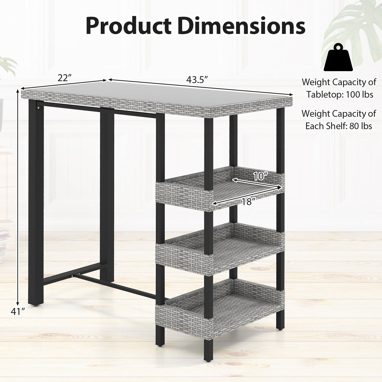 43.5 Inch Outdoor Bar Table with Tempered Glass Top