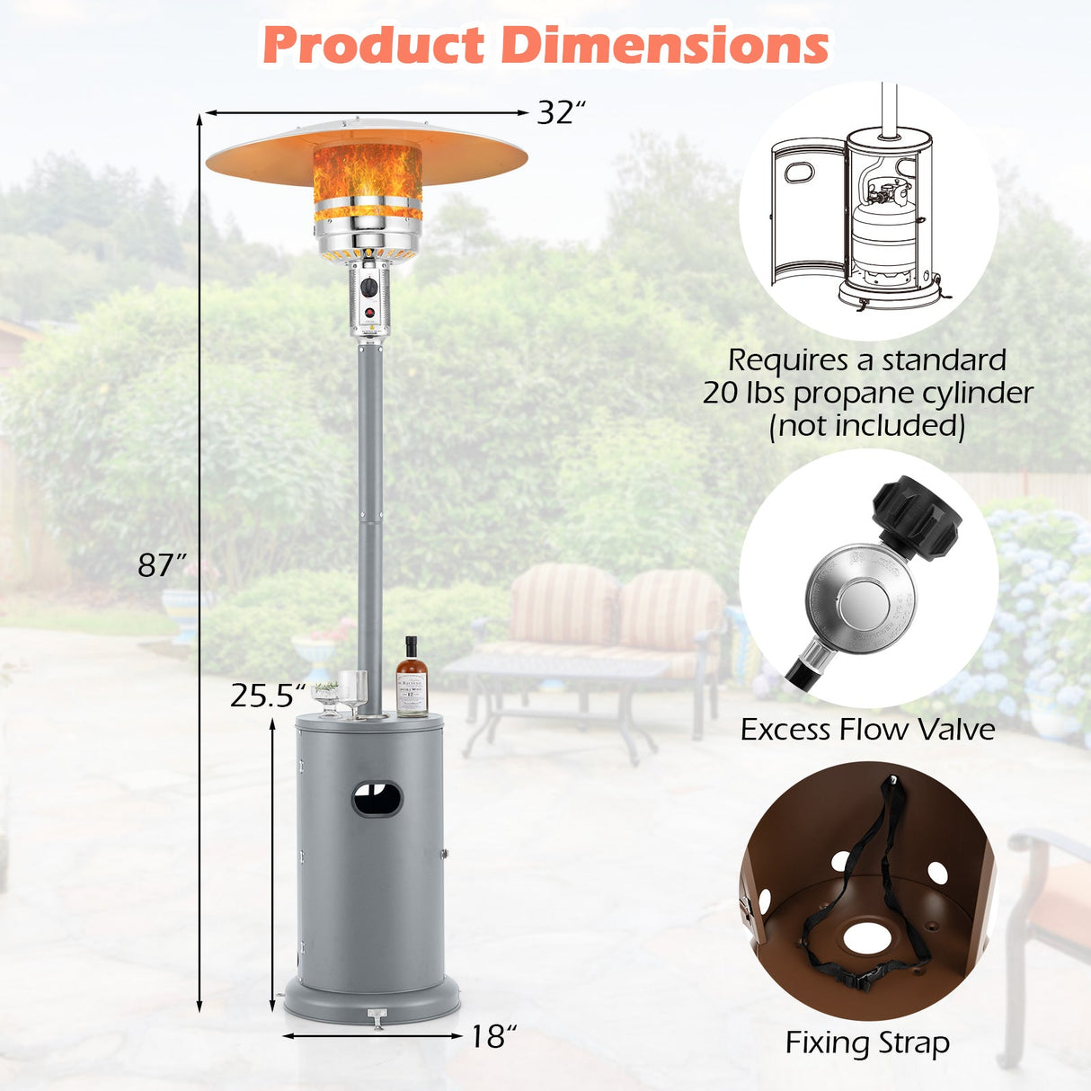 Calentador de patio de propano de 50000 BTU con diseño de mesa redonda