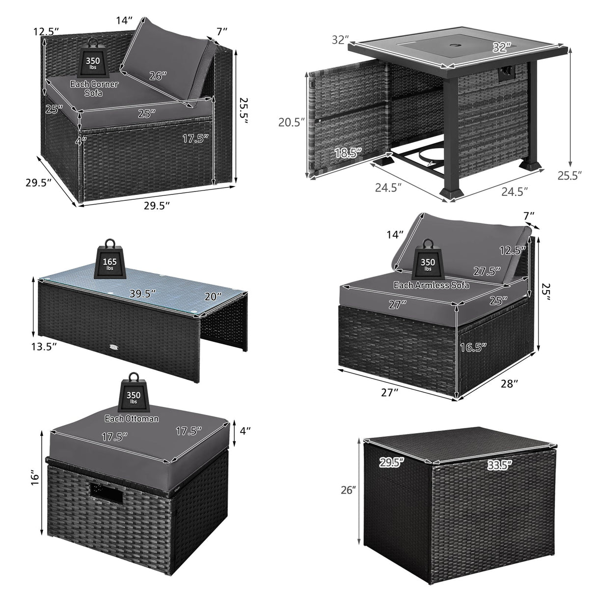 Juego de muebles de patio de 9 piezas con mesa de brasero de 32" y brasero de propano cuadrado de 50000 BTU