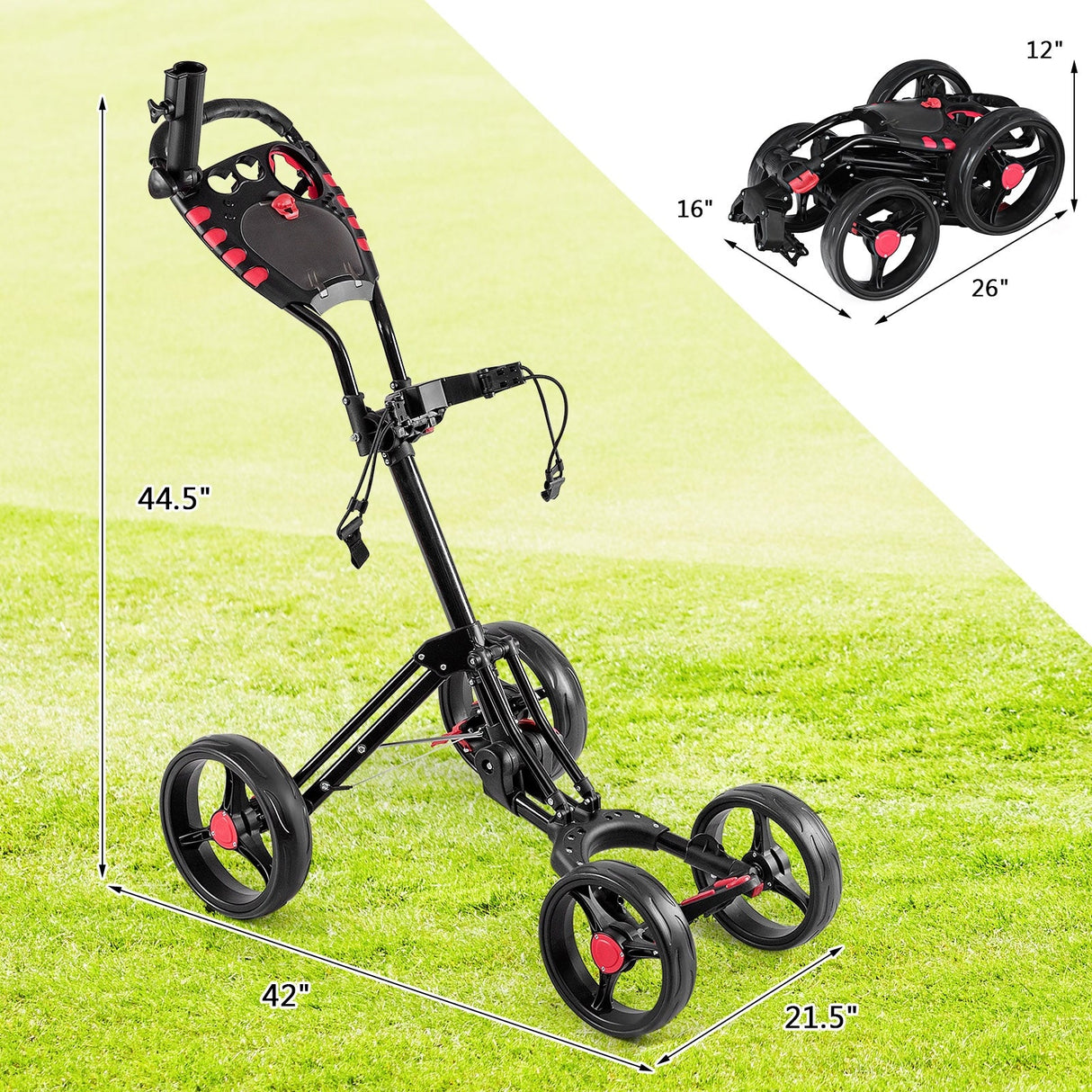 Carro de golf plegable de 4 ruedas para empujar y jalar