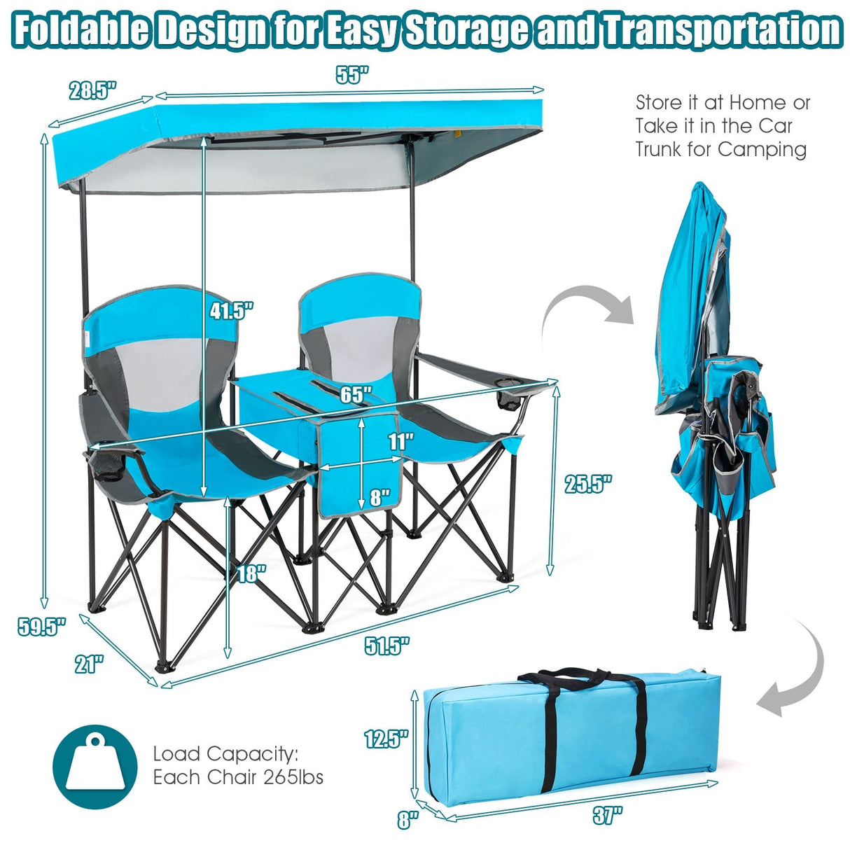 Sillas portátiles de camping plegables con dosel y portavasos