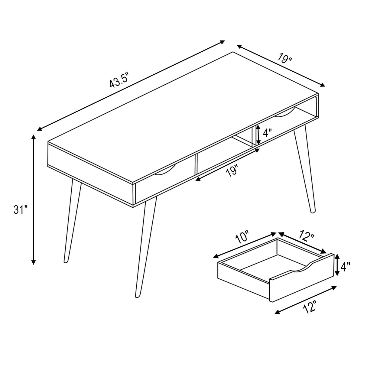 Escritorio de computadora elegante con 2 cajones y patas de madera maciza