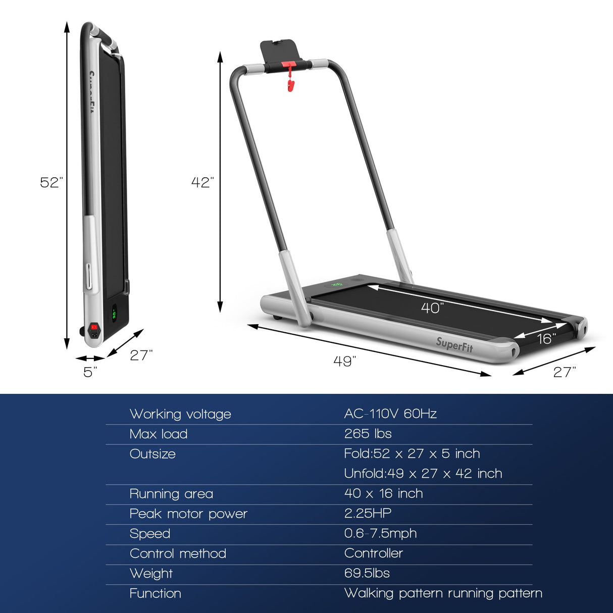 Cinta de Correr Plegable 2 en 1 con Control Remoto y Pantalla LED-Plateada