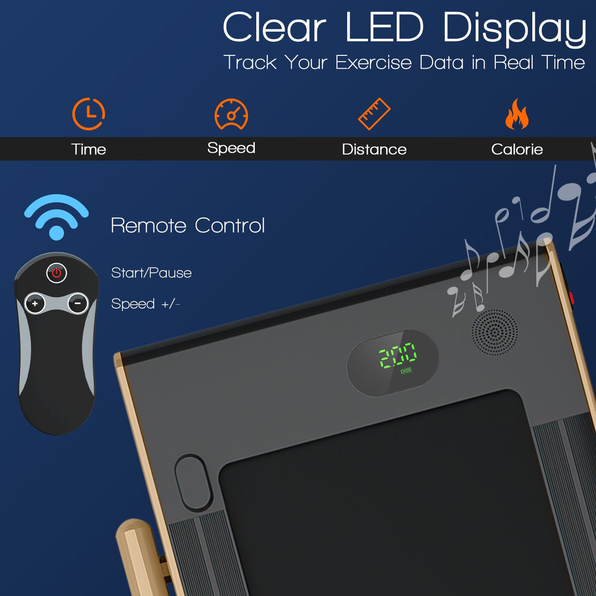 Cinta de Correr Plegable 2 en 1 con Control Remoto y Pantalla LED-Dorada