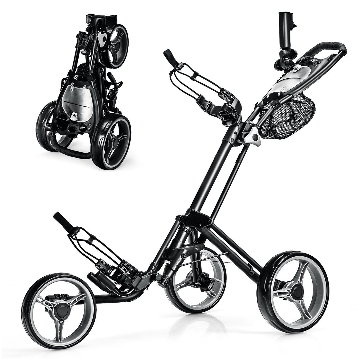 Carro de golf plegable de 3 ruedas con freno, marcador y mango ajustable