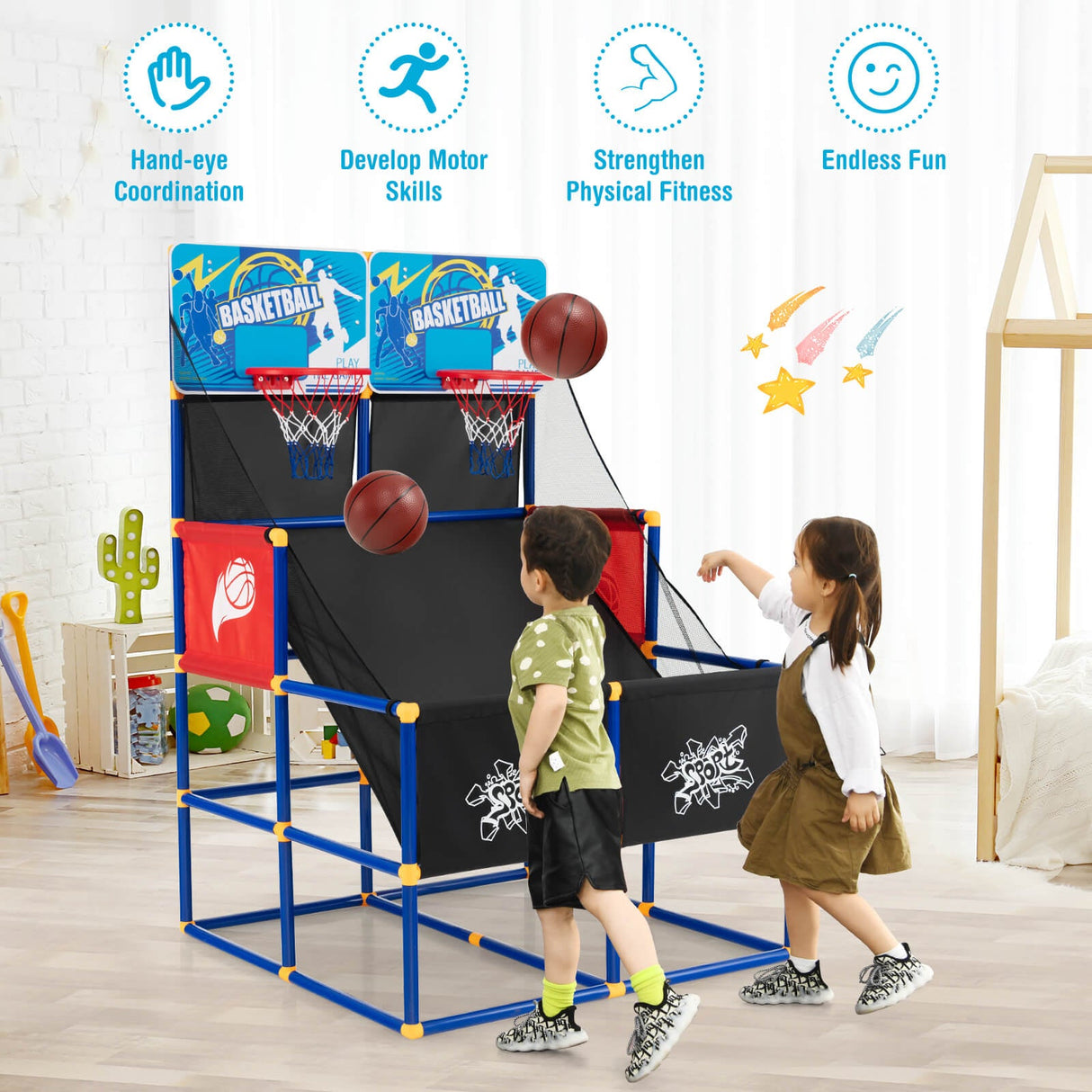 Juego de baloncesto arcade para niños con 4 balones y bomba de aire