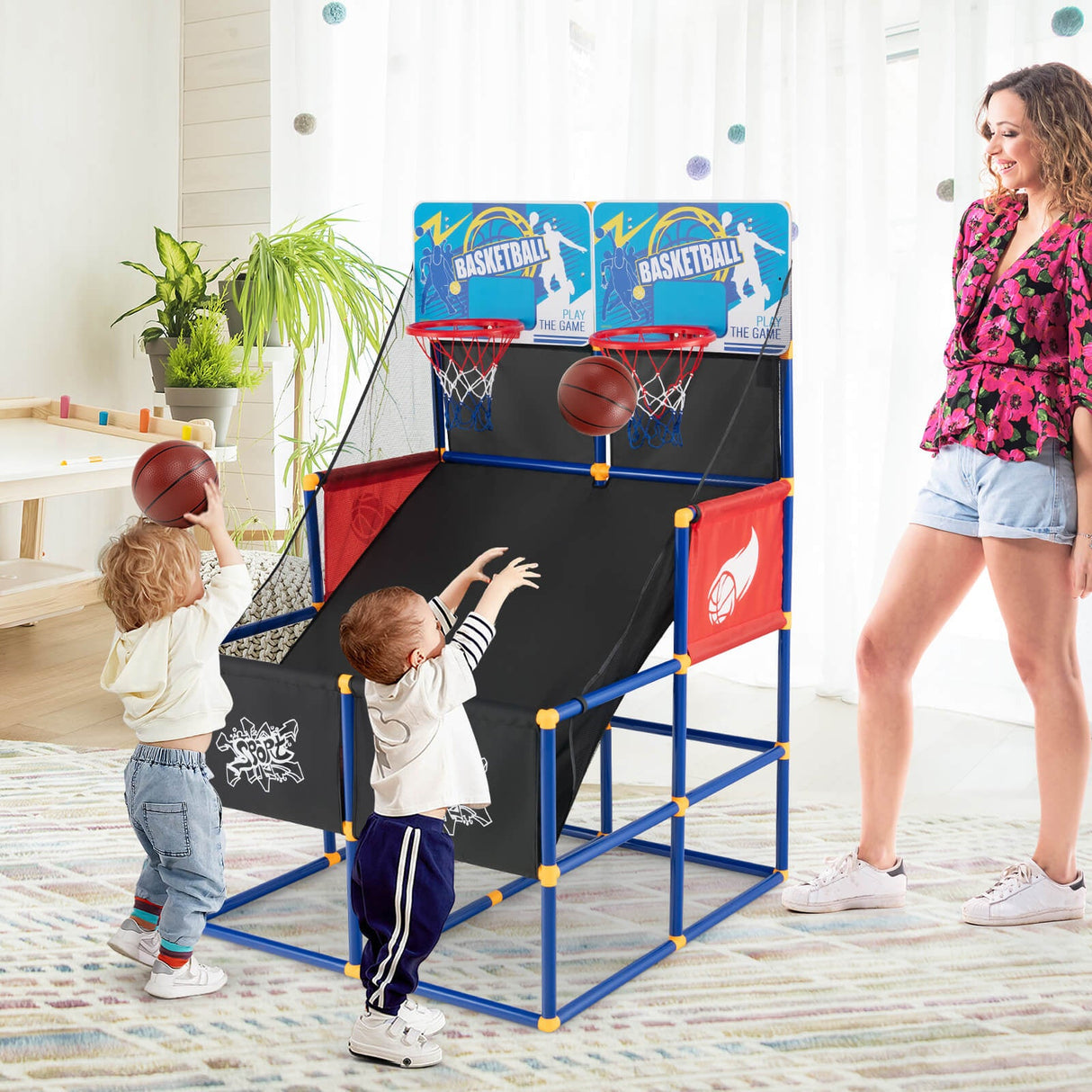 Juego de baloncesto arcade para niños con 4 balones y bomba de aire