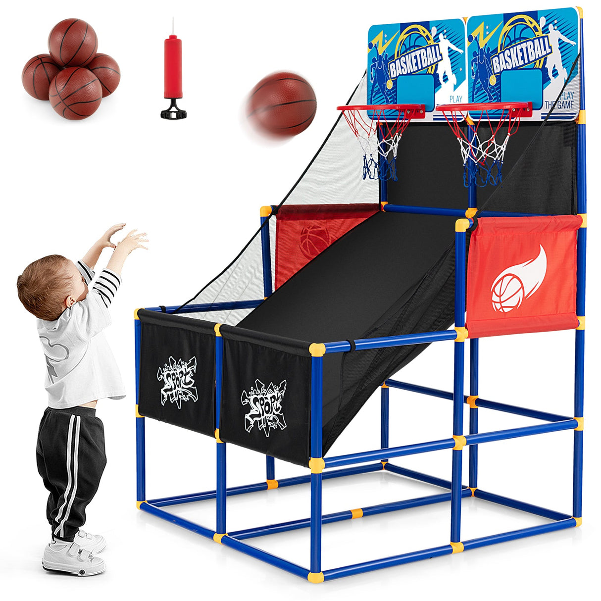 Juego de baloncesto arcade para niños con 4 balones y bomba de aire