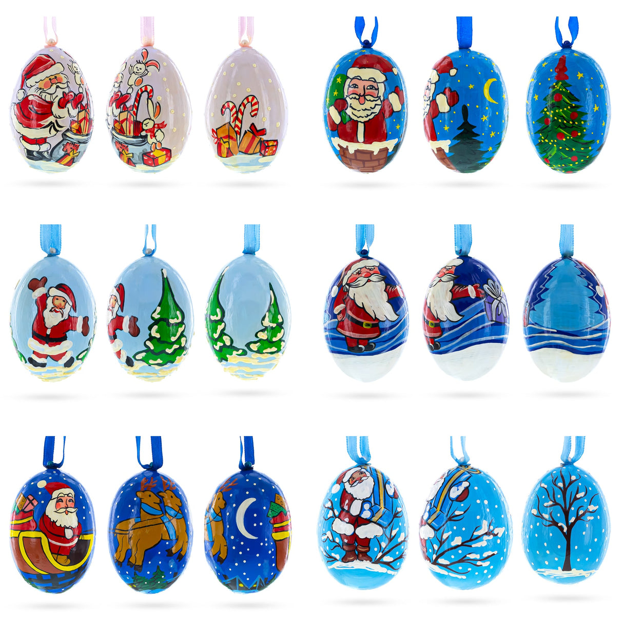 Set of 6 Santa Claus Wooden Christmas Ornaments 3 Inches
