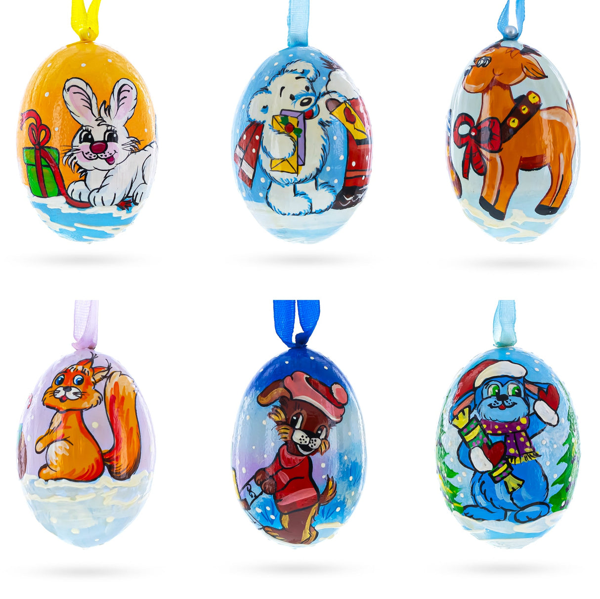 Set of 6 Bunny, Reindeer, Dog and White Bear Wooden Christmas Ornaments 3 Inches