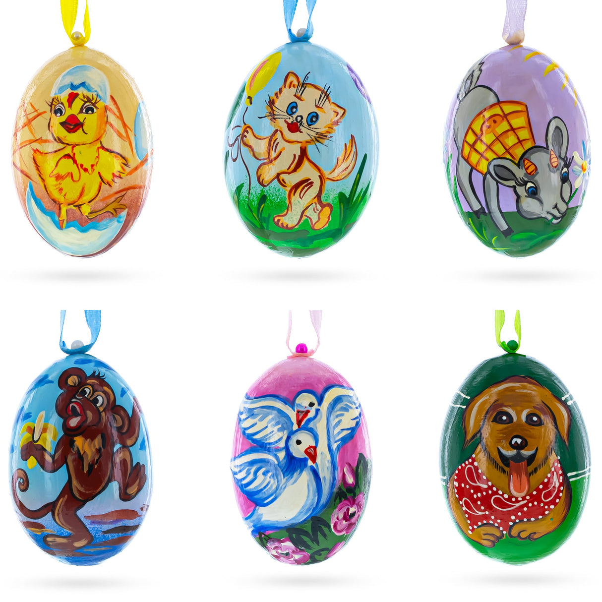 Set of 6 Animals Wooden Christmas Ornaments 3 Inches