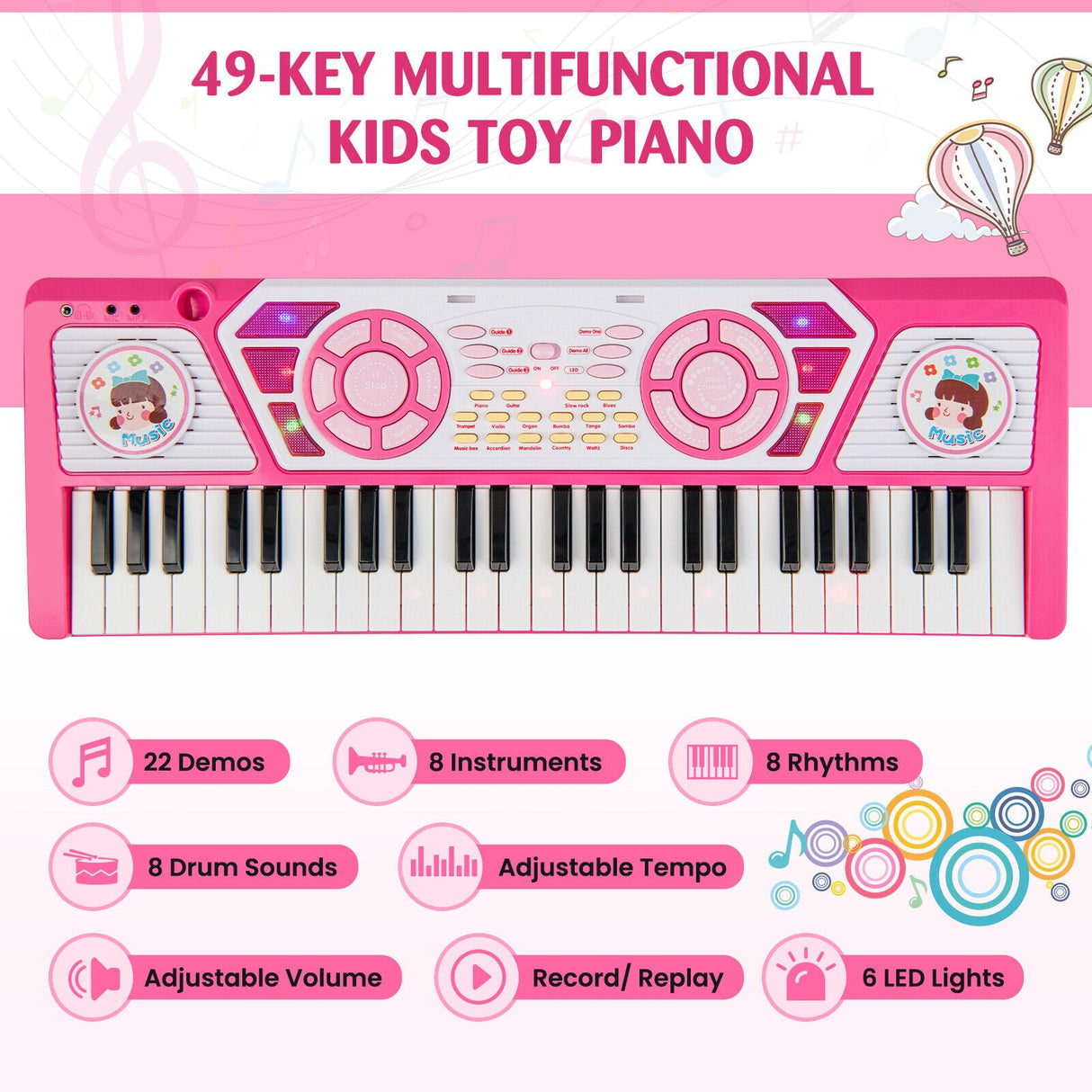 Teclado de piano de 49 teclas para niños de 3+ años - Rosa